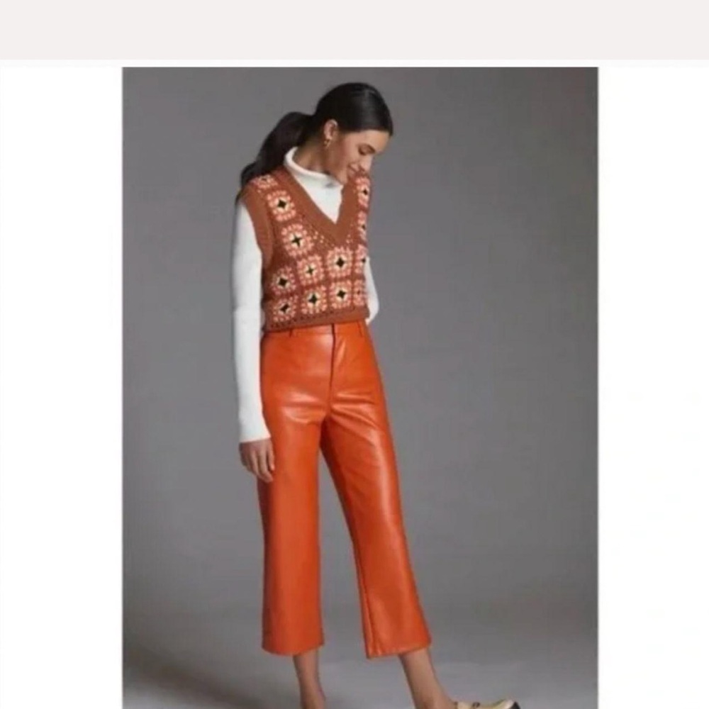 Avec les Filles Orange Faux Leather Wide-Leg Cropped Pants - Women